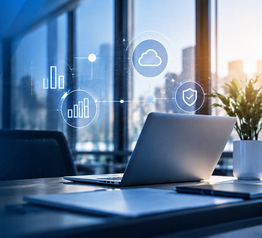 Oficina tecnológica moderna con espacios de trabajo profesionales